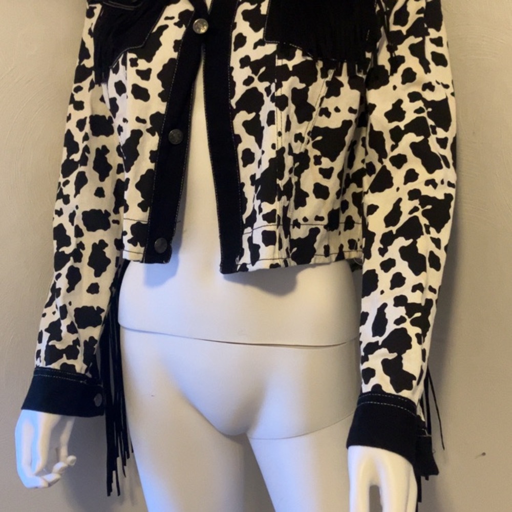 Black & White Cowprint Fringe Jean Jacket
